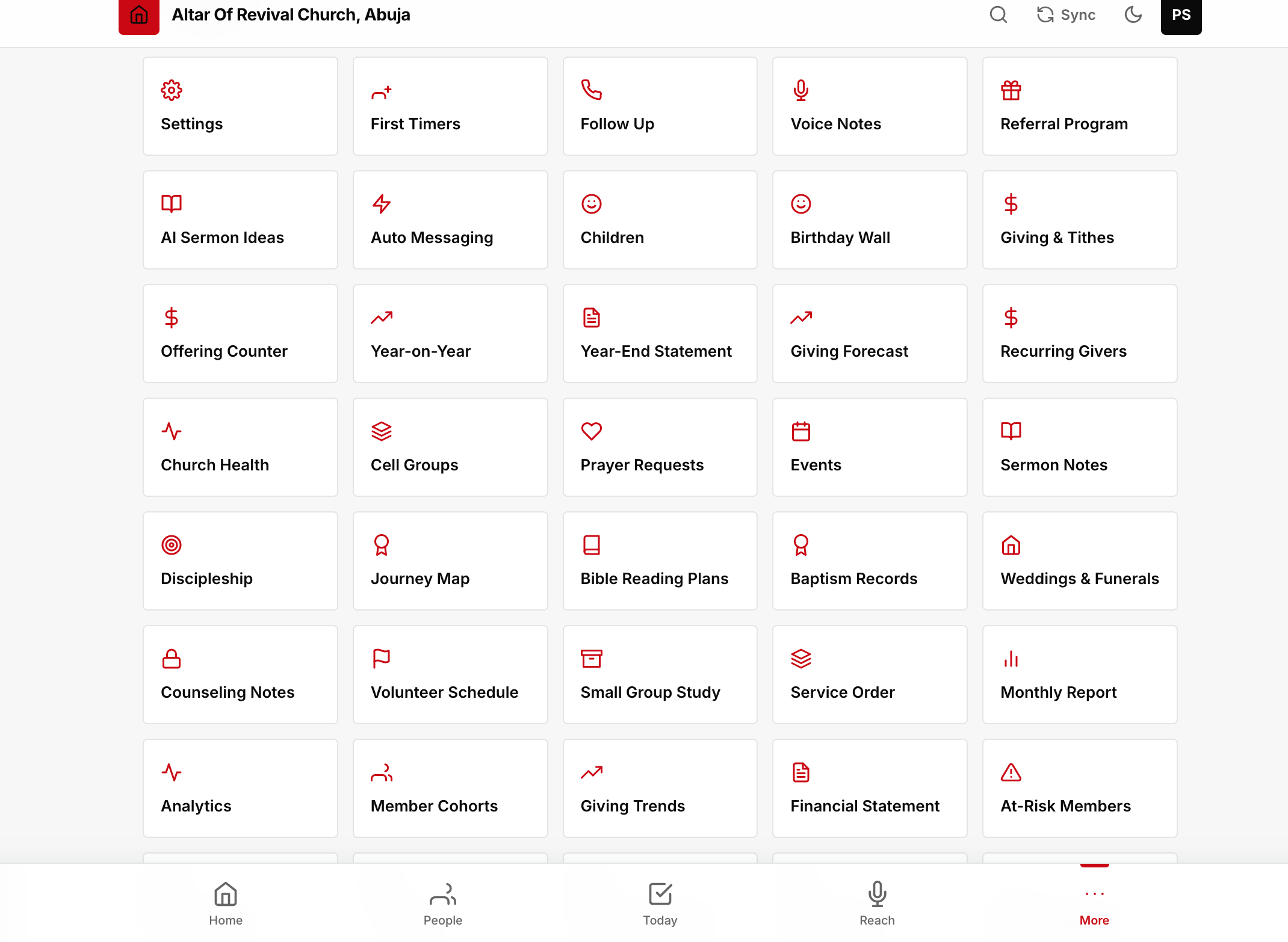 EasyChurch dashboard showing members, giving, SMS, and more