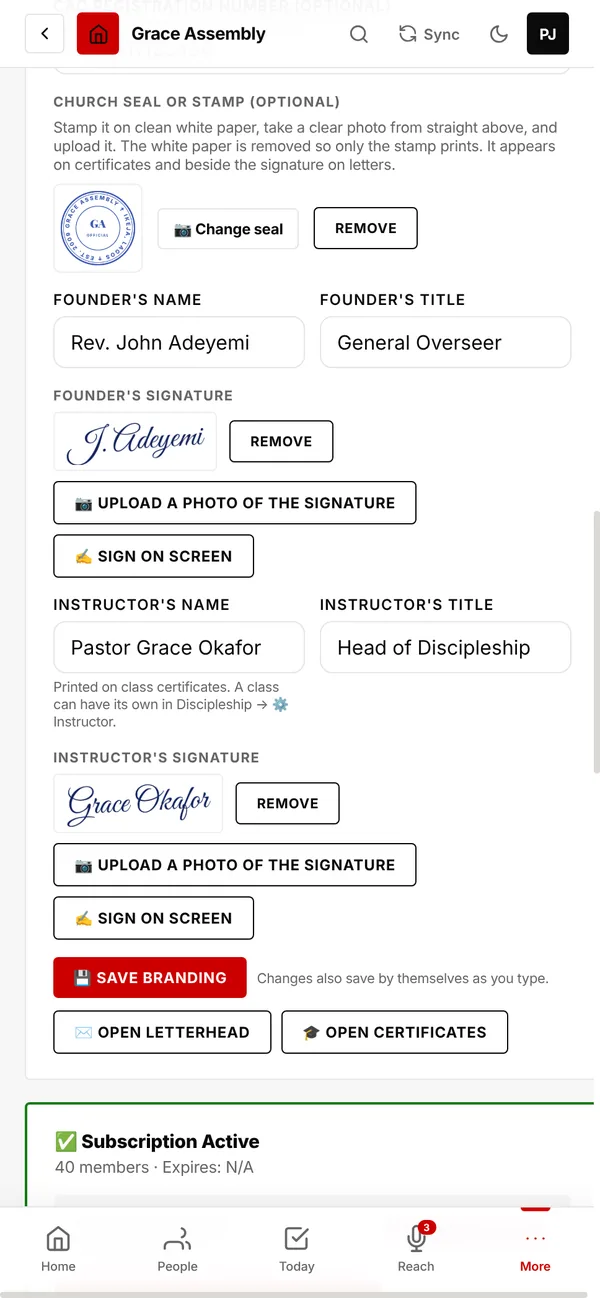 The seal, and the Founder's and Instructor's signatures