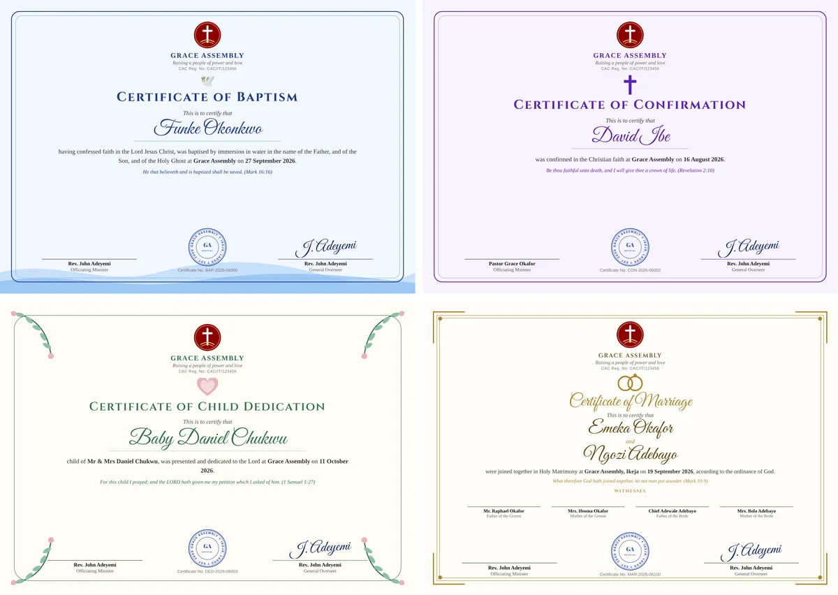 Baptism, confirmation, child dedication and marriage