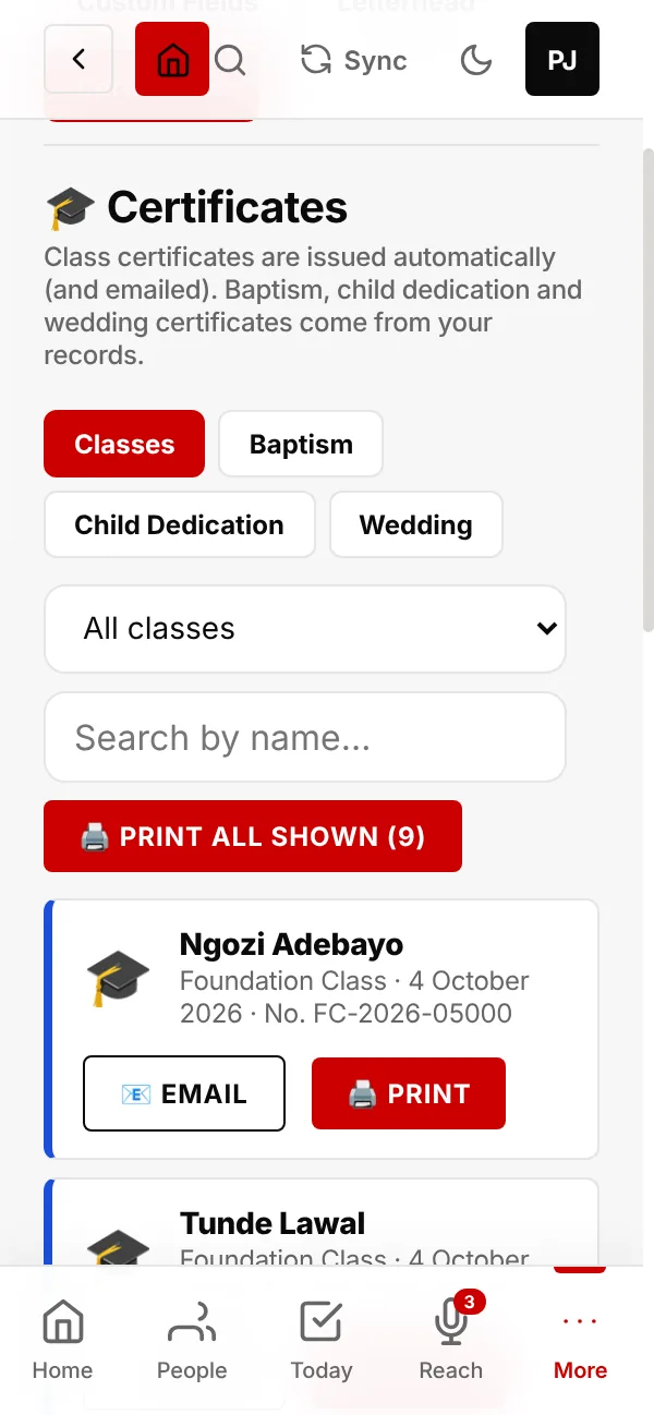 Certificates for every class completed