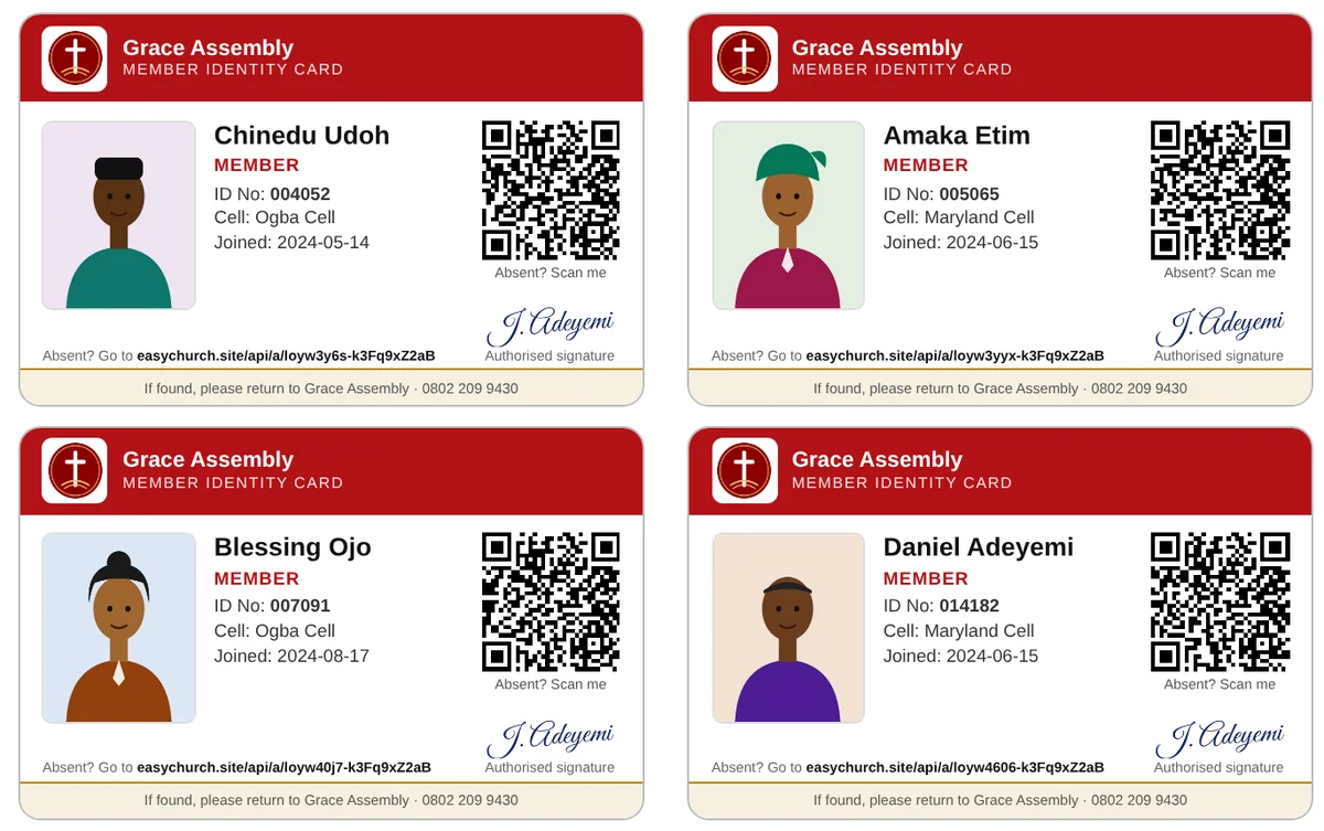 Logo, photo, ID number, signature and QR code