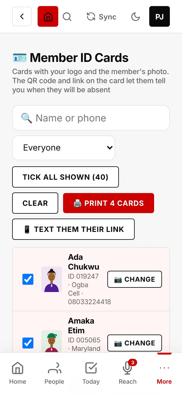 Tick people, then print their cards