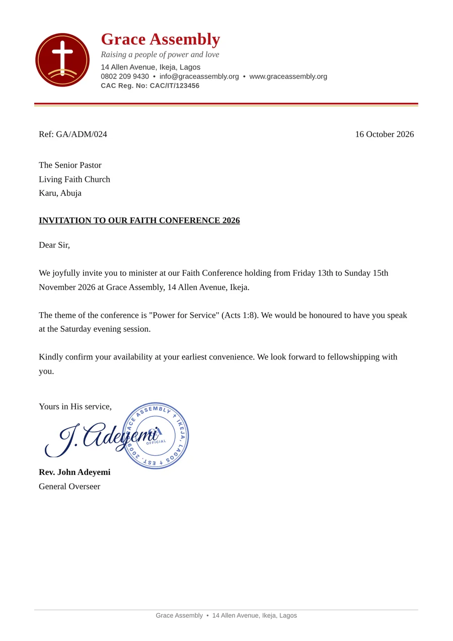 A letter on Grace Assembly's letterhead