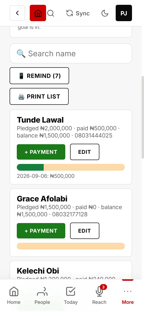 Each person's pledge, payments and balance