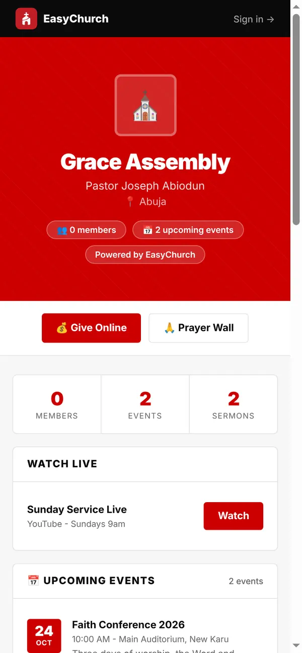 Your church's public page