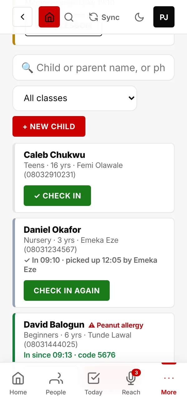 Check-in: in class, picked up, and the pick-up number